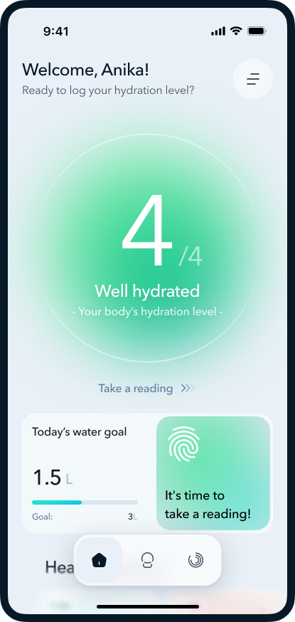 AQOIR app showing a Hydration Index of 4 out of 4, well hydrated